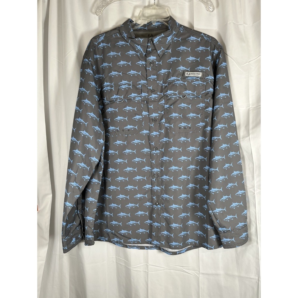 Real Tree Men's Sz XL Blue Fish Print Long Sleeve Button Down Shirt‎